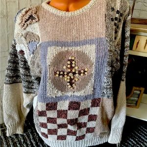 VTG Mariea Kim 20ans Pullover BOHO Patchwork Sweater Embroidered Sz L NEW!